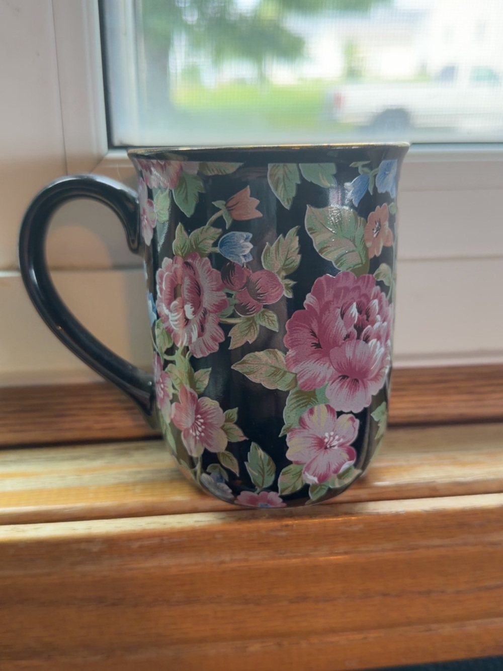 Vintage Tavistock Japan Floral Ceramic Coffee Mug - Pink Flowers on Black